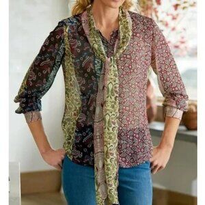 Soft Surroundings Langdon Paisley Tie Front Mixed Print Button Up Blouse